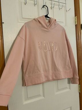 Rae Dunn Pink Hoodie with Metallic "BLESSED" Embroidery